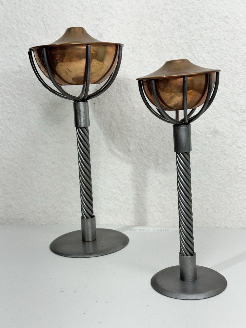 Atomic-Style Table Top Oil Lamp Pair MCM Made In Poland Copper Metal Patina VTG